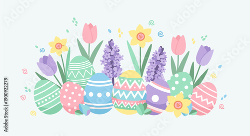 Vibrant Easter illustration featuring beautifully decorated eggs nestled among colorful spring flowers like tulips, hyacinths, and daffodils, perfect for festive holiday designs.