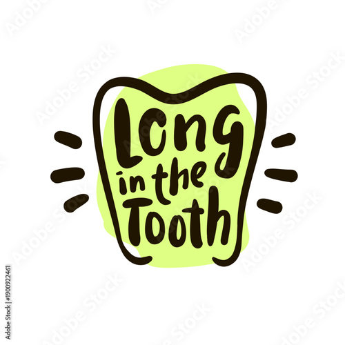 Long in the tooth - inspire motivational quote about an ageism, idiom, slang. Hand drawn lettering. Print for social media content, inspirational poster, t-shirt, bag, cups, card, sticker, badge. 