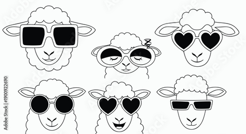 Vector sheep faces wearing sunglasses and heart shaped glasses, illustration for social media or website, funny animal icons