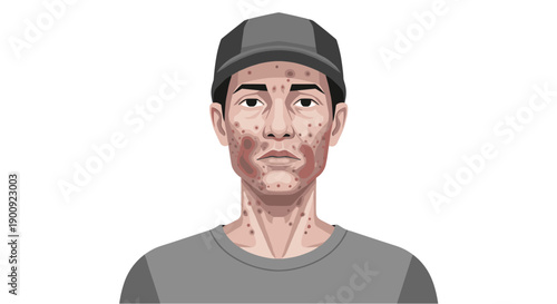 Detailed medical illustration of a young man experiencing a severe facial rash and skin irritation, showcasing dermatological issues.