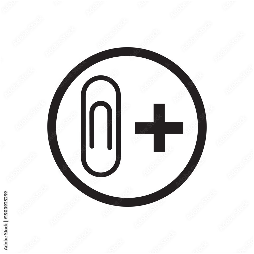 Fototapeta premium A simple black and white icon of a paperclip and plus sign in a circle