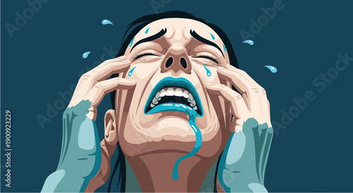 An intensely emotional illustration depicting a woman overwhelmed by despair, crying with tears streaming down her face, symbolizing deep sorrow and mental anguish.