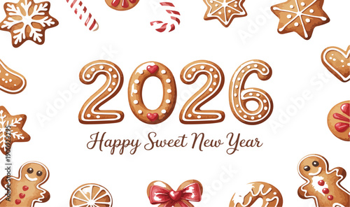 Festive Christmas and New Year 2026 Banner – Gingerbread Cookies and Snowflakes Vector