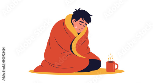 A sick young man, wrapped in a warm blanket, experiences chills and fever, seeking comfort with a hot drink.