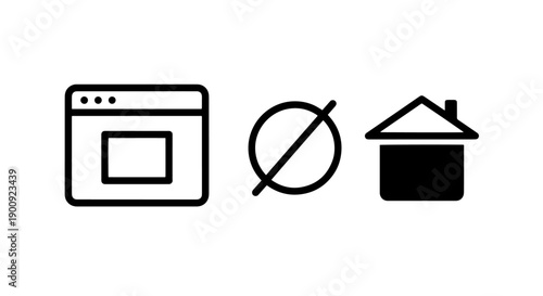 Website window icon, crossed out circle icon, and house icon, symbolizing no home page access or broken link.