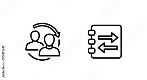 Two people icons with a circular arrow, and a notepad with forward and backward arrows.