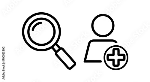 Magnifying glass pointing to a person icon with a plus sign, indicating adding new users or contacts.
