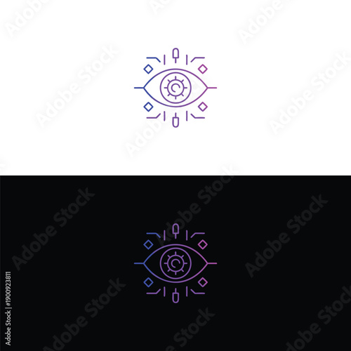 A futuristic purple gradient line art icon depicts a geometric eye with an internal gear, surrounded by digital elements, representing AI-driven automation and mechanical perception.