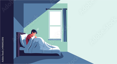 A solitary figure awakens in a dimly lit bedroom, bathed in the gentle morning light streaming through a window, evoking a sense of quiet contemplation and new beginnings.