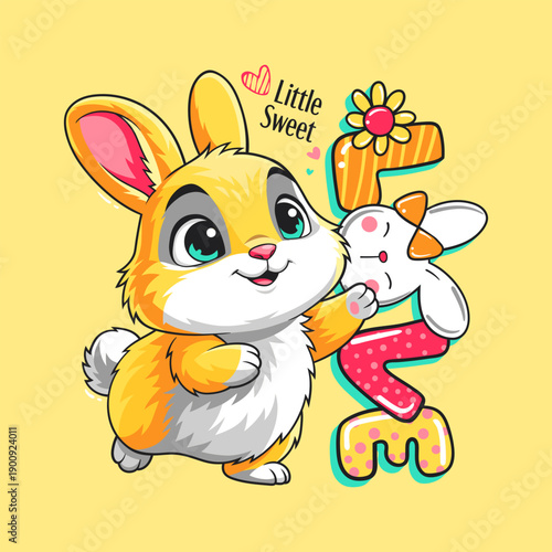 Cartoon Illustration Cute Little Bunny Holding a Toy Animal Character