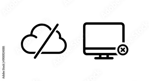 Cloud with a slash and a computer monitor with an 'X', symbolizing cloud outage and system error.