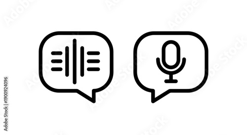 Speech bubbles with sound wave and microphone icons, representing voice input and audio.