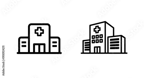 Hospital building icons with medical cross symbol, representing healthcare facilities.