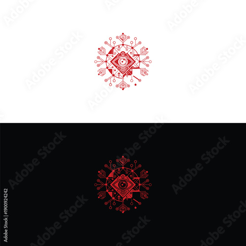A striking red line art icon depicts a geometric eye centered within an elaborate, mandala-like pattern infused with subtle circuitry elements, representing mystical technology or spiritual AI.
