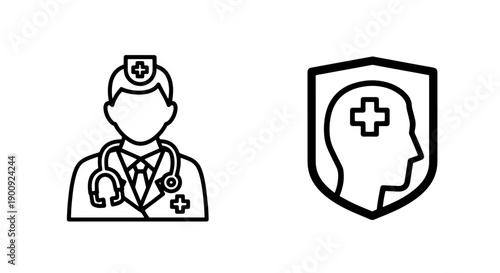 Doctor and medical shield with cross in head silhouette icons, representing medical expertise.