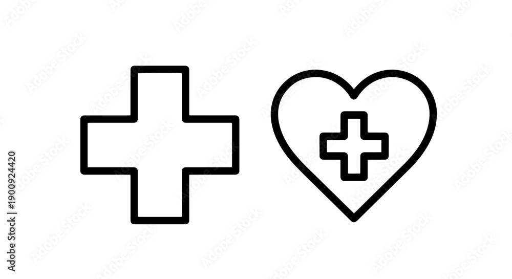 Obraz premium Clean line icons of a large medical cross and a heart with a cross inside