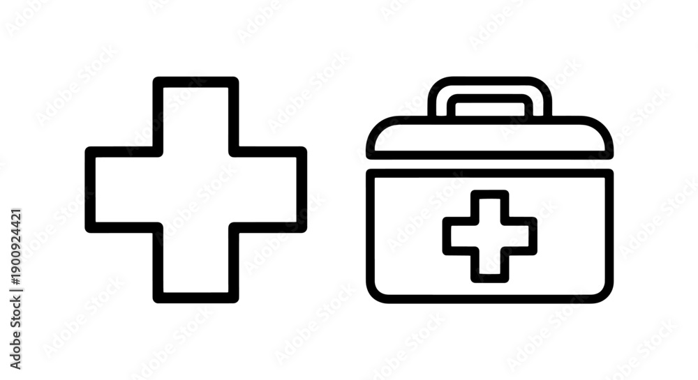Obraz premium Vector line art icons of a medical cross and a medical bag with a cross
