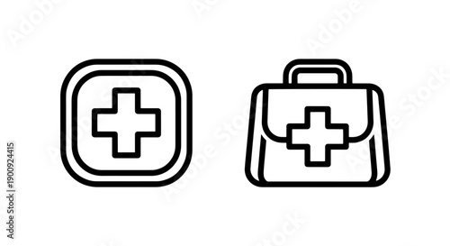 Outline vector icons of a rounded shield with a plus symbol and a medical bag