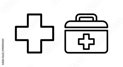 Vector line art icons of a medical cross and a medical bag with a cross