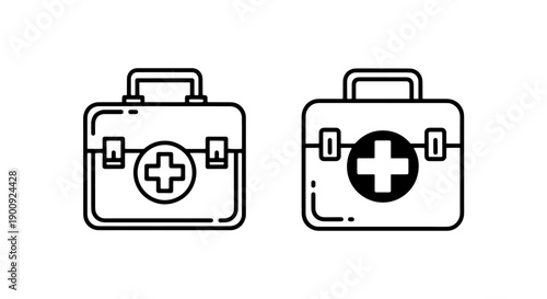 Outline icons of medical bags, front view, with plus symbols and handles