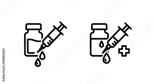 Outline icons of medicine vial with drops and syringe, plus medical cross