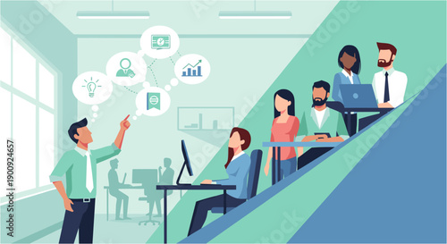 Dynamic business meeting with diverse professionals collaborating on innovative ideas and strategic growth in a modern office environment.