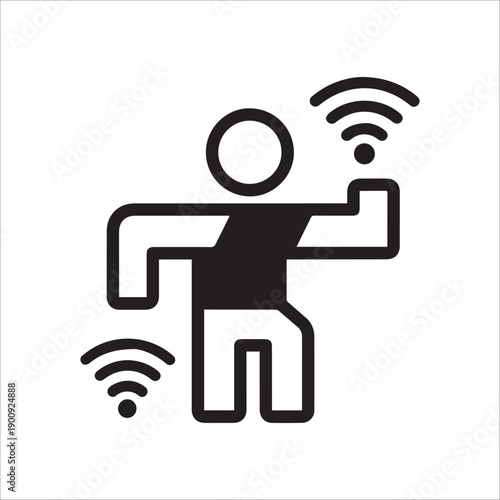 A simple black and white icon of a person with WiFi signals emanating from their body