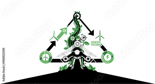 Dynamic illustration showcasing the interconnectedness of renewable energy sources, environmental sustainability, and green technology for a brighter future.