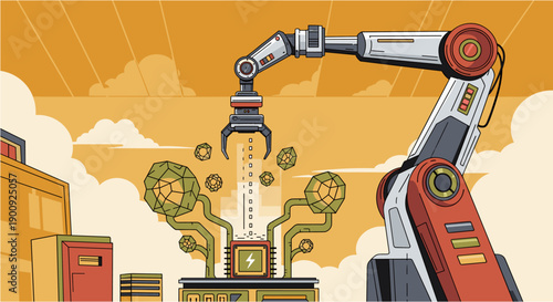 A robotic arm meticulously assembling intricate components, symbolizing advanced manufacturing, automation, and industrial innovation in a modern factory setting.