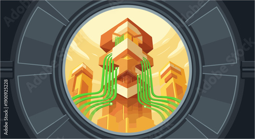 Futuristic abstract digital illustration of a towering data center with glowing green connections, symbolizing advanced technology and global networks.