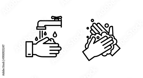 Line art icons of washing hands with water from a faucet and lathering hands with soap.