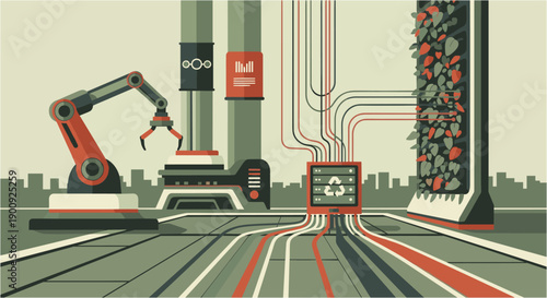 Modern industrial illustration showcasing automated waste recycling processes with robotic arms and a vertical garden, emphasizing sustainable technology and environmental solutions.