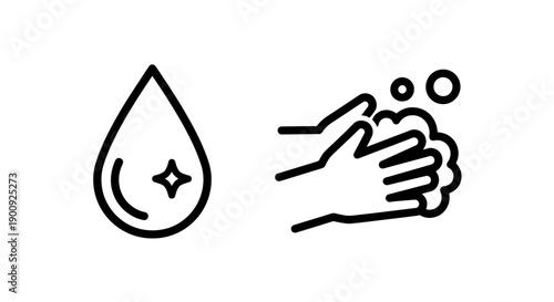 Icons of a sparkling water drop and hands washing with soap bubbles and water.