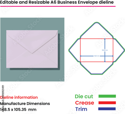 Business Envelope Dieline With Dimensions And Manufacturing Information stationery mail