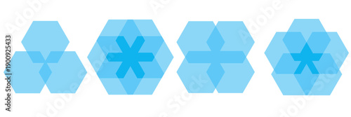 Geometric hexagon venn diagram sequence with multiple overlapping section variations vector infographic for data intersection balance chart model business graphic blue element clean design layout
