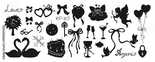 Whimsical Valentine illustration set hand drawn coquette silhouette style. Cute girly elements Cupid, hearts, bows, ribbons, cake, cocktails, cherries. Romantic vintage mood playful elegant shape art