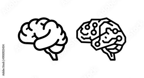 Simple line art icons of a brain and a brain with circuitry, representing intellect.