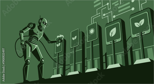 An advanced robot diligently connects to a series of digital screens, each displaying eco-friendly symbols, illustrating the integration of technology and sustainable practices.