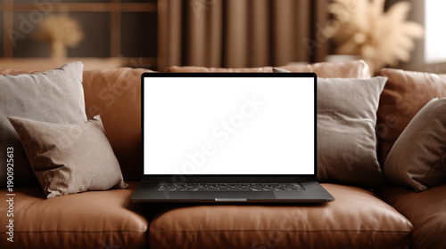Laptop with blank white screen on a cozy sofa with pillows in a warm, modern living room. Display mockup. Generative AI