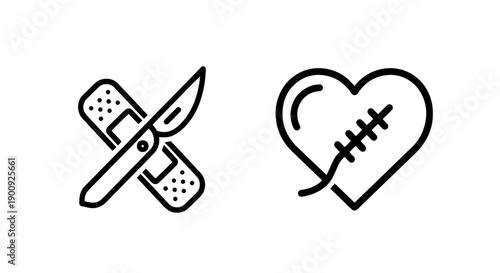 Surgical scalpel and bandaged heart icons