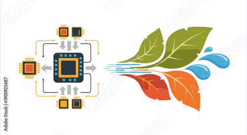 Conceptual illustration depicting the transformation of digital data and technology into natural elements like leaves and water, symbolizing sustainable innovation and eco-friendly processes.