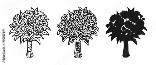 Flower bouquet set featuring roses and daisies hand drawn doodle linear, silhouette and engraving style set. Floral bunches Botanical vintage vector illustration Happy Valentines Card Wedding Birthday