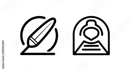 Icons: Feather Quill Pen for Writing and User Profile Silhouette