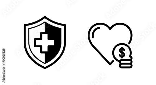 Healthcare Finance Icons: Shield with Medical Cross and Heart with Dollar Sign