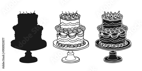 Cake hand drawn sketch in doodle linear, silhouette and engraving style set. Cake for wedding or birthday, valentines day. Vintage whimsical festive symbol of party celebration cake with cherries