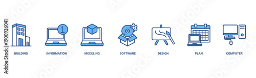 BIM banner web icon vector illustration concept for building information modeling with icon of building, information, modeling, software, design, plan, and computer
