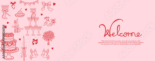Whimsical wedding party horizontal background banner or card with hand drawn doodles. Line girly elements bridal cake candle, champagne glasses doves sketch. Romantic vintage mood playful elegant art
