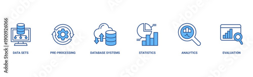 Data mining banner web icon vector illustration concept with icon of data sets, pre-processing, database systems, statistics, analytics and evaluation