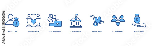 Stakeholder relationship banner web icon vector illustration concept for stakeholder, investor, government, and creditors with icon of community, trade unions, suppliers, and customers