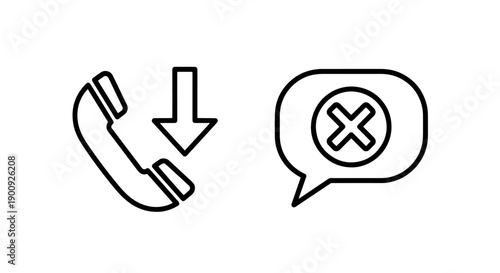 Phone call decline and message error icons, communication symbols, outline style